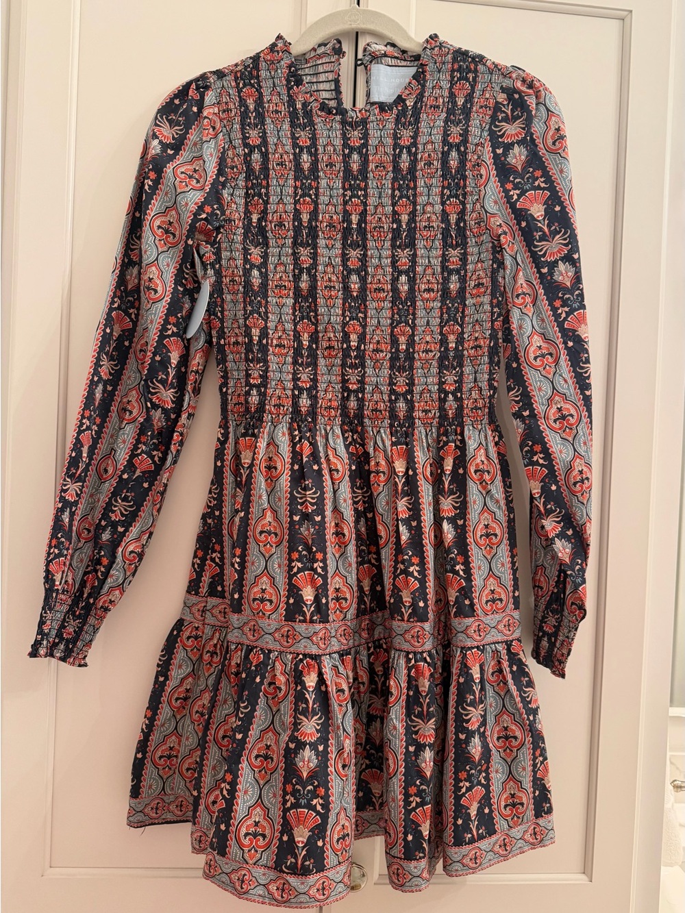 Hill House Smocked Long-Sleeve Paisley Mini Dress - Navy & Coral